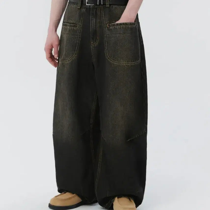 [BUNJANG] Trillion Round Pocket Balloon Fit Washed Denim Pants (Yellow Black) / 트릴리온 라운드 포켓 벌룬핏 워싱 데님 팬츠 (옐로우 블랙)