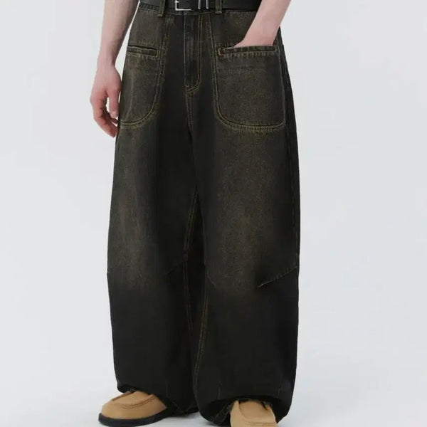 [BUNJANG] Trillion Round Pocket Balloon Fit Washed Denim Pants (Yellow Black) / 트릴리온 라운드 포켓 벌룬핏 워싱 데님 팬츠 (옐로우 블랙)