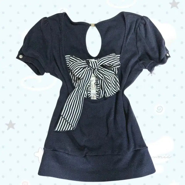 [BUNJANG] Cecil McBee Navy Ribbon Short-Sleeve Knit Top / 고전 세실맥비 리본 네이비 반팔 니트 스프라이트 헤이세이 로걀탑 히메 라떼갸루 모리걸 양산형 y2k 리즈리사 엑시즈팜 핀터깔 달천깔
