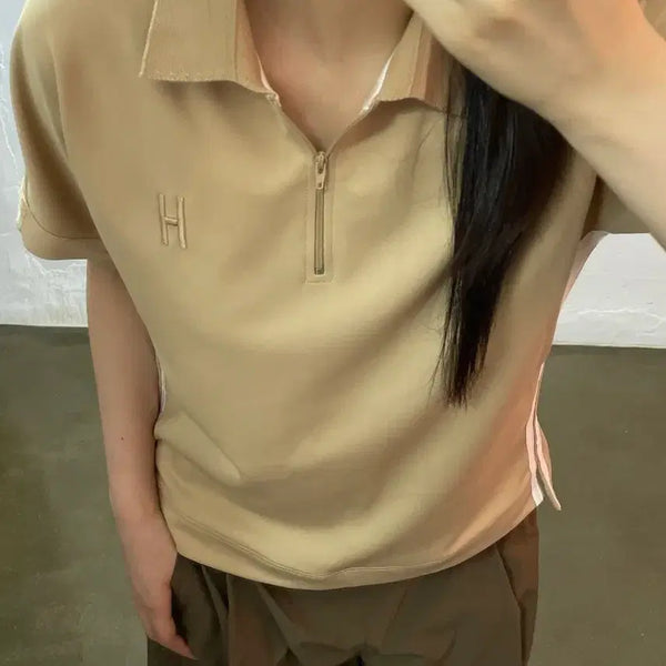 [BUNJANG] The Handsome System Beige Zipper Collar Short-Sleeve T-Shirt Size 90 / 더한섬 시스템 베이지 지퍼 카라 반팔티 90
