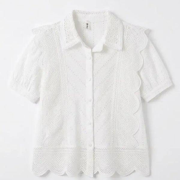 [BUNJANG] Women's White Punching Lace Collar Blouse / 여성L/ 흰색 펀칭 레이스 칼라 블라우스