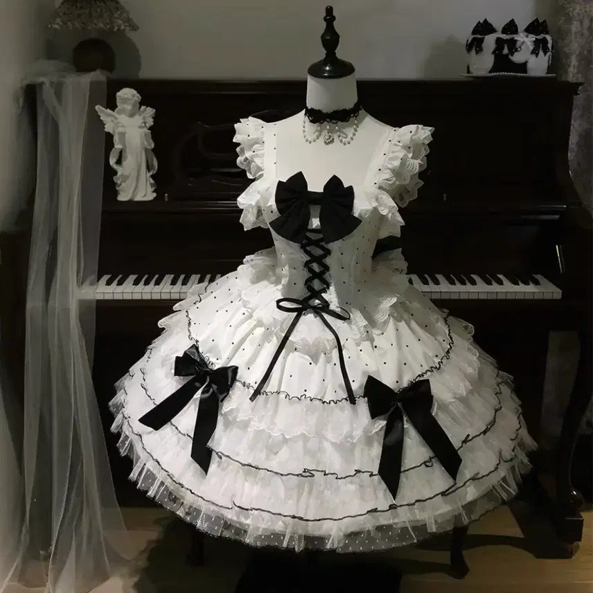 [BUNJANG] Lolita Ribbon Dress (Black x White) - Gothic Lolita Cosplay Outfit / 로리타 리본 드레스 블랙x화이트 고스로리 원피스 코스프레 의상 양산형 지뢰계 갸루 졸업사진 공주 구관인형st