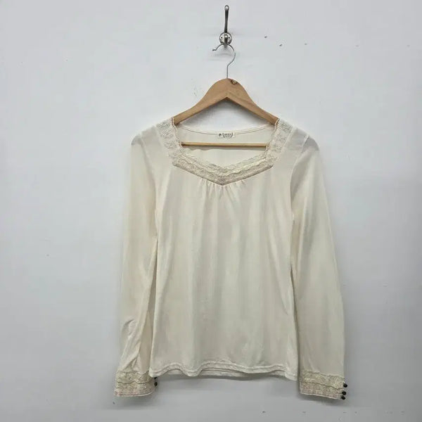 [BUNJANG] axes femme Ivory Lace Square Neck Long Sleeve T-Shirt Women's M / axes femme 아이보리 레이스 스퀘어넥 긴팔티 여m