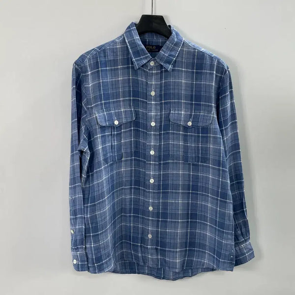 [BUNJANG] Polo Ralph Lauren Two-Pocket Blue Check Linen Shirt / 폴로 랄프로렌 투포켓 블루 체크 린넨 셔츠 (on.1551)
