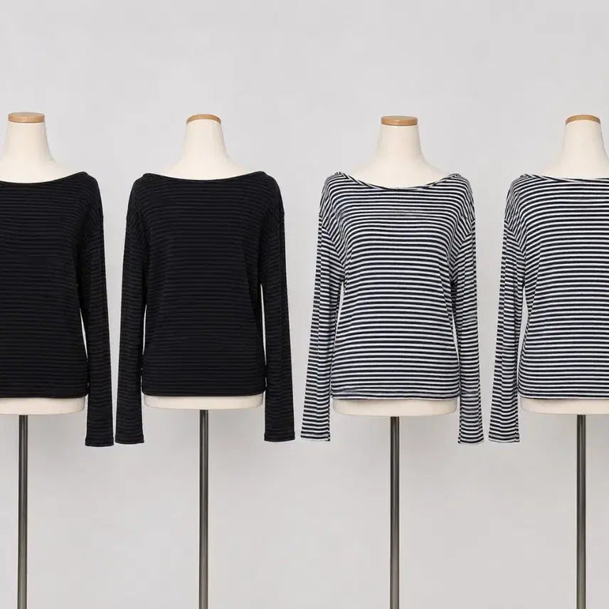 [BUNJANG] Basic Boatneck Striped Long-Sleeve T-Shirt (Black/Navy) / 기본 보트넥 단가라 긴팔티 검정/네이비