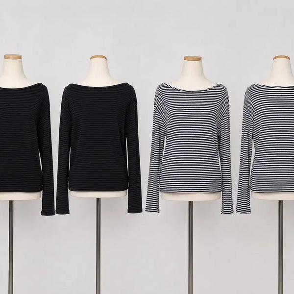 [BUNJANG] Basic Boatneck Striped Long-Sleeve T-Shirt (Black/Navy) / 기본 보트넥 단가라 긴팔티 검정/네이비