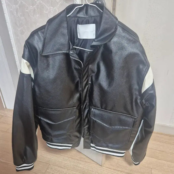 [BUNJANG] Black Color Block Leather Jacket / 블랙 배색 레더 자켓