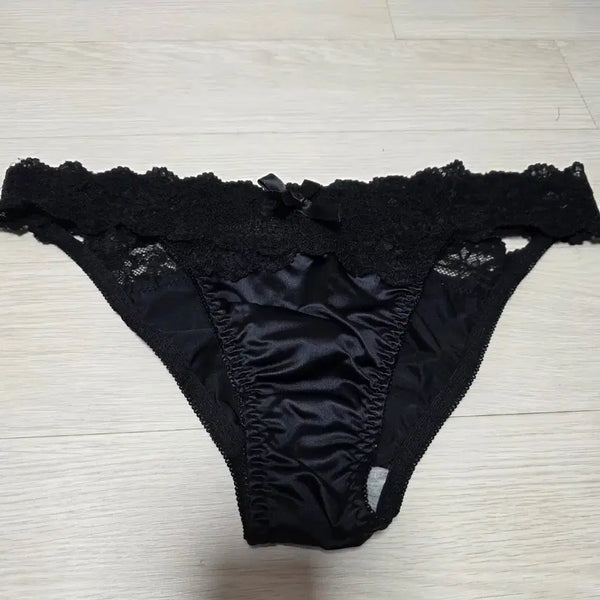 [BUNJANG] Black Satin Lace String Panty / 블랙 새틴 레이스 끈 팬티