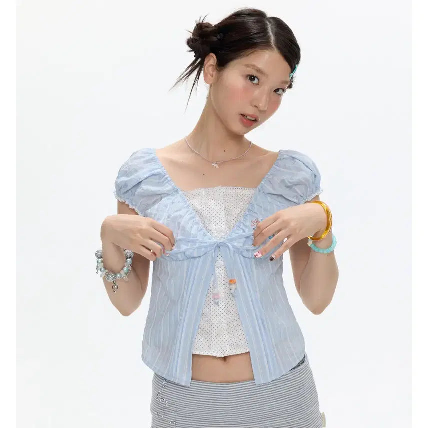 [BUNJANG] BETWEENAND Blue Patchwork Fake Two-Piece Blouse / BETWEENAND 비트윈앤드 페이크 투피스 블루 패치워크 블라우스