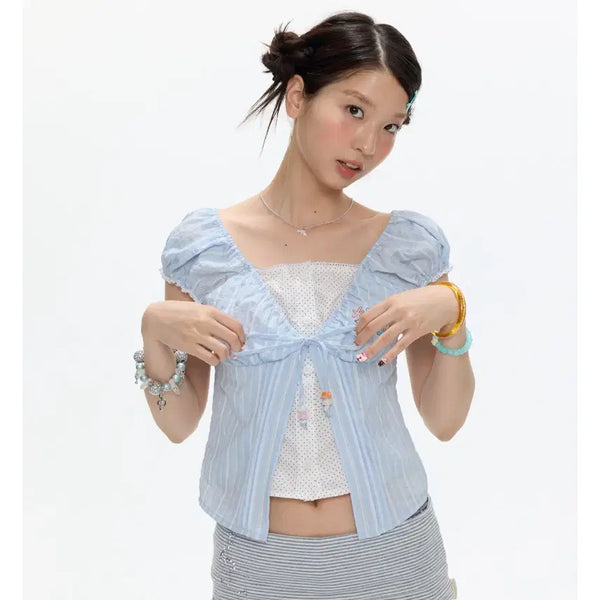 [BUNJANG] BETWEENAND Blue Patchwork Fake Two-Piece Blouse / BETWEENAND 비트윈앤드 페이크 투피스 블루 패치워크 블라우스