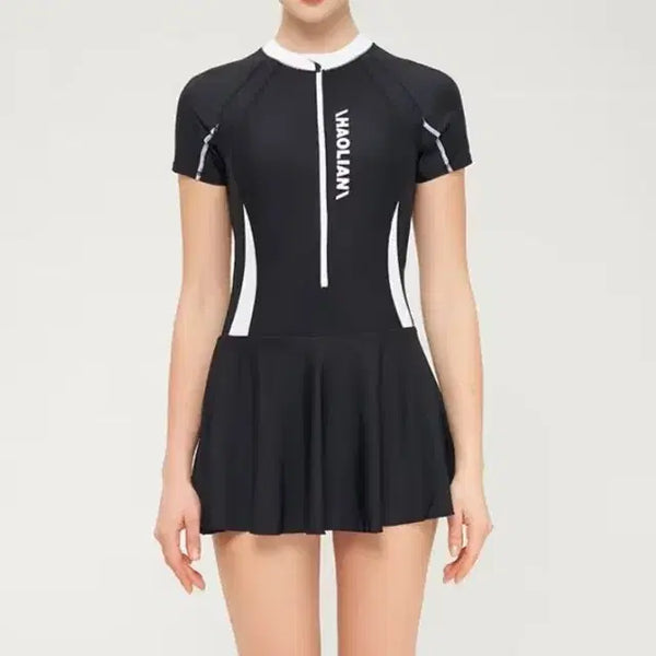 [BUNJANG] Women's One-Piece Swimsuit Rash Guard - Black with White Line Detail / 새상품)수영복 여성원피스수영복 래쉬가드
