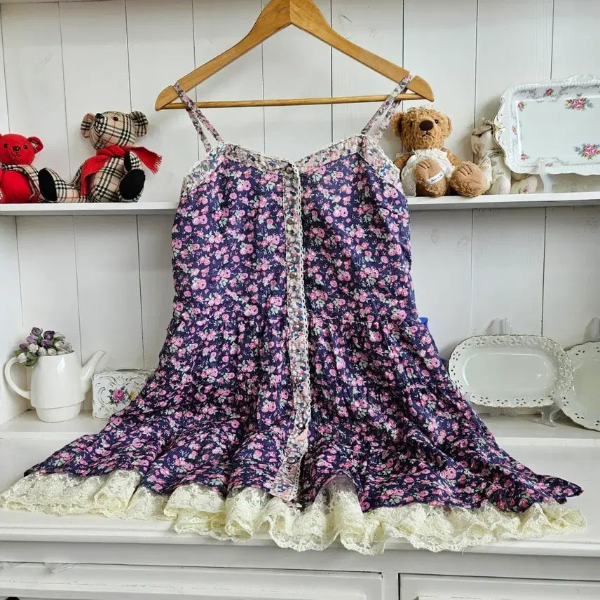 [BUNJANG] Flower Lace Tiered String Dress / 플라워 레이스 캉캉 끈 원피스