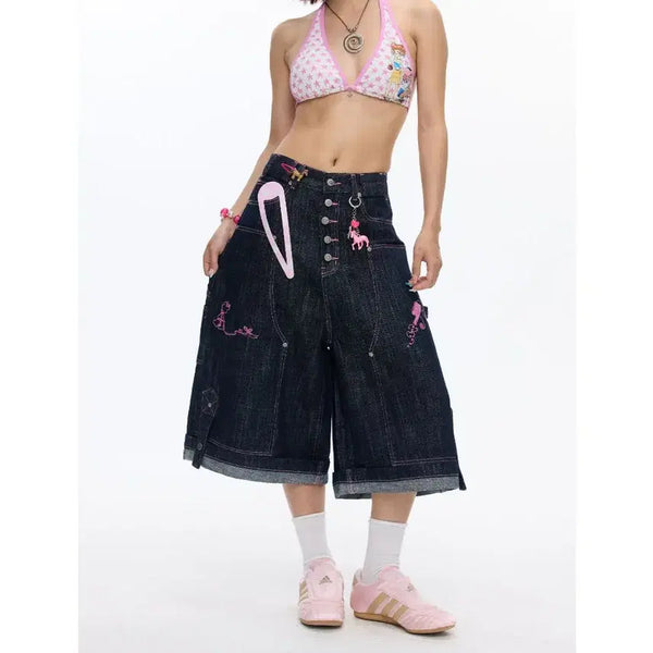 [BUNJANG] BETWEENAND Pink Stitch Raw Denim Capri Pants / BETWEENAND 비트윈앤드 핑크 스티치 생지 데님 카프리 팬츠