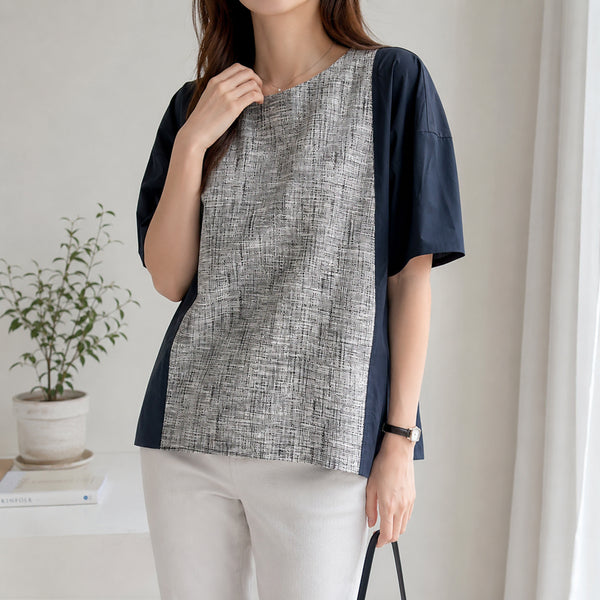 [BUNJANG] Deco Color-Block Short Sleeve Blouse / [66]데코 배색 반팔 블라우스