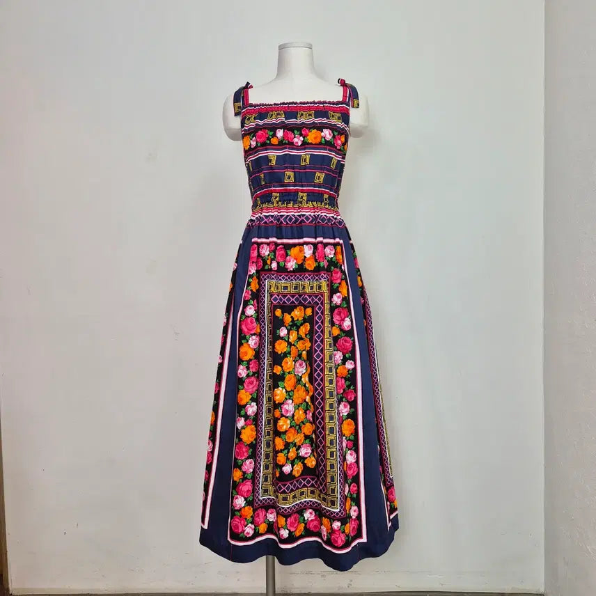 [BUNJANG] Japanese Vintage Flower Scarf Pattern Long Dress / 재팬 플라워 스카프패턴 끈 롱원피스 일본빈티지