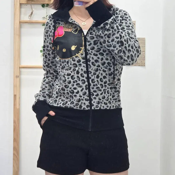 [BUNJANG] Sanrio Hello Kitty Black Leopard Print Hoodie Zip-up (L) / [프립]L/헬로키티 블랙 호피 레오파드 후드집업