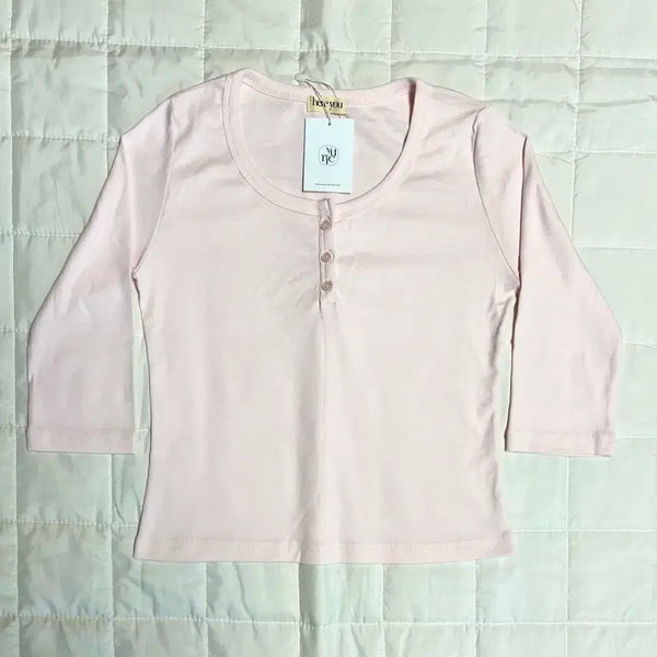 [BUNJANG] Yurie Made Strawberry Milk Pink Buttoned Henley 7-Sleeve T-Shirt / 유리에 브랜디멜빌 st 핑크 버튼즈 헨리넥 무지 7부티 단추 T 새상품 쓰리타임즈 클리시어 코이세이오