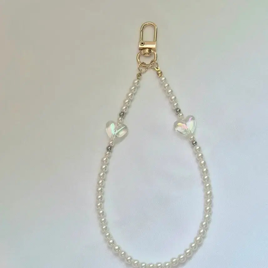 [BUNJANG] Handmade Pearl Heart Beaded Wrist Strap for Phone/Bag / 진주 하트  비즈 손목 스트랩 휴대폰 가방  키링