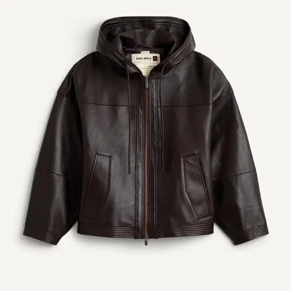 [BUNJANG] ZARA SRPLS Hooded Leather Jacket Dark Brown L-XL / 자라 SRPLS 후드 레더 자켓 다크 브라운 L-XL