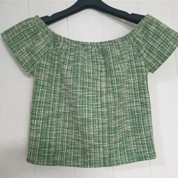 [BUNJANG] Tweed Off Shoulder Semi-Crop Top / (새상품)댄스복 댄스상의 댄스티 오프숄더 세미크롭티