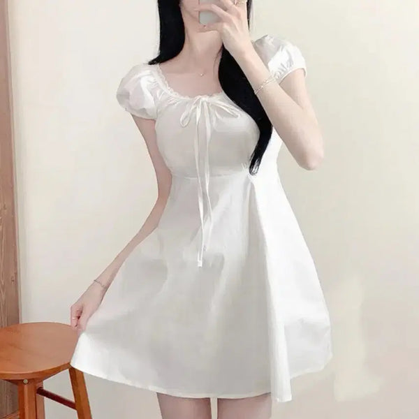 [BUNJANG] Graceful Lovely Lace Ribbon Flare Puff Short Sleeve Mini Summer Dress / 에이블리 청순 러블리 레이스 리본 플레어 퍼프 반팔 미니 여름 원피스 데이트룩