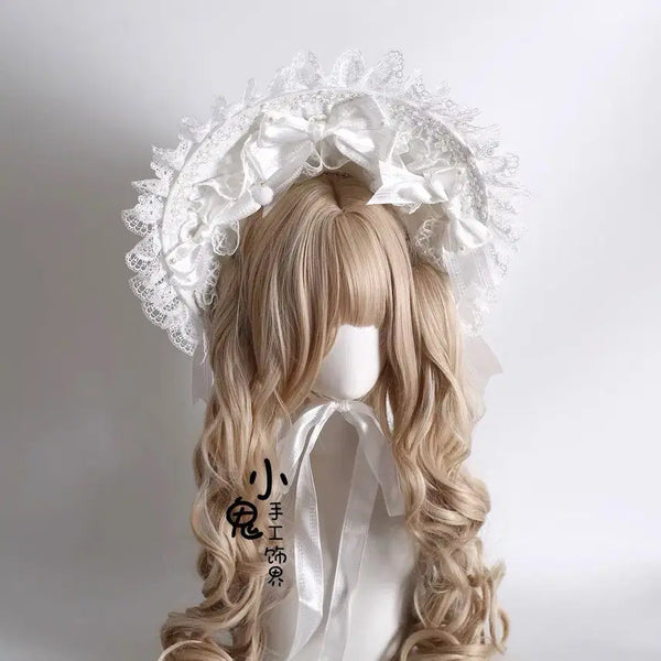 [BUNJANG] Lolita White Lace Ribbon Bonnet Headdress / 로리타 화이트 레이스 리본 보닛 머리 장식 헤도레 양산형 지뢰계 히메갸루 고스로리 코스프레 졸업사진 구관인형st 헤어장식