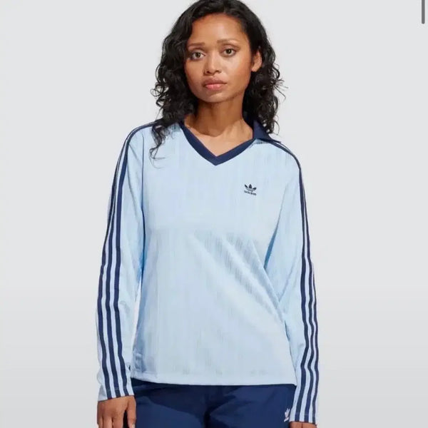 [BUNJANG] Adidas Football V-Neck Long Sleeve Polo Shirt Sky Blue / 아디다스 풋볼 브이넥 긴팔 폴로 셔츠 스카이블루