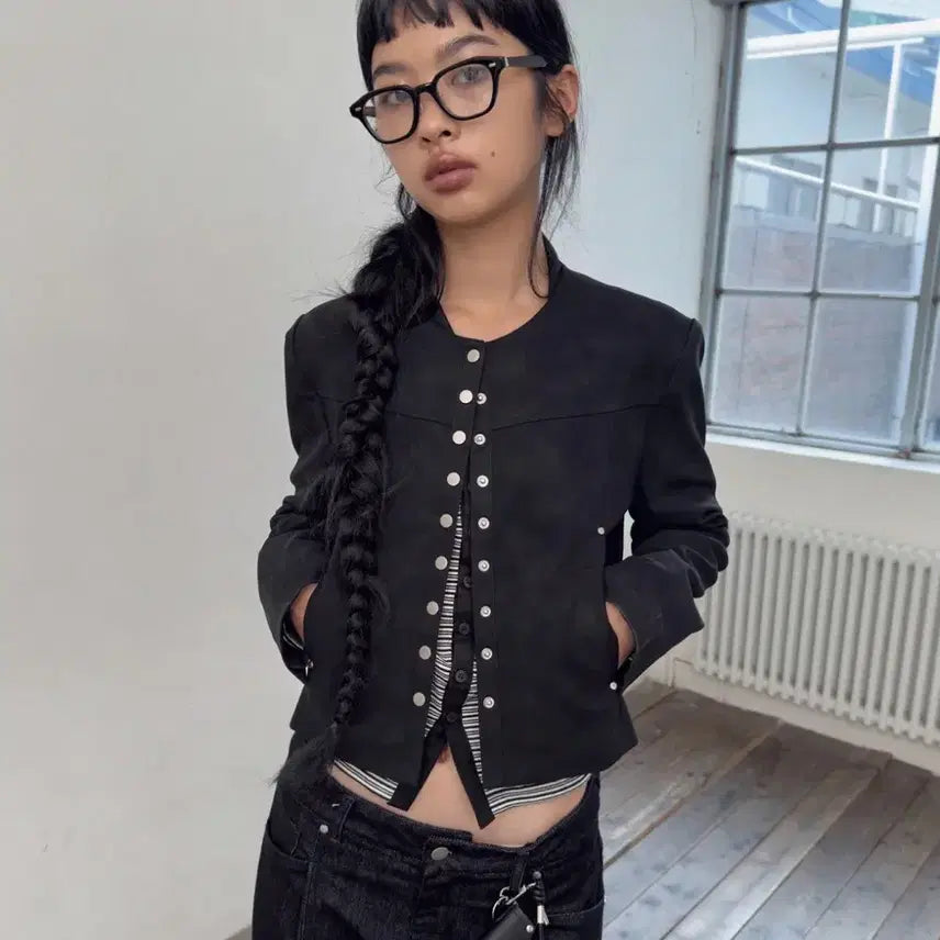 [BUNJANG] Fortena Leather Snap Crop Jacket Black / 포르테나 레더 스냅 크롭 자켓 블랙