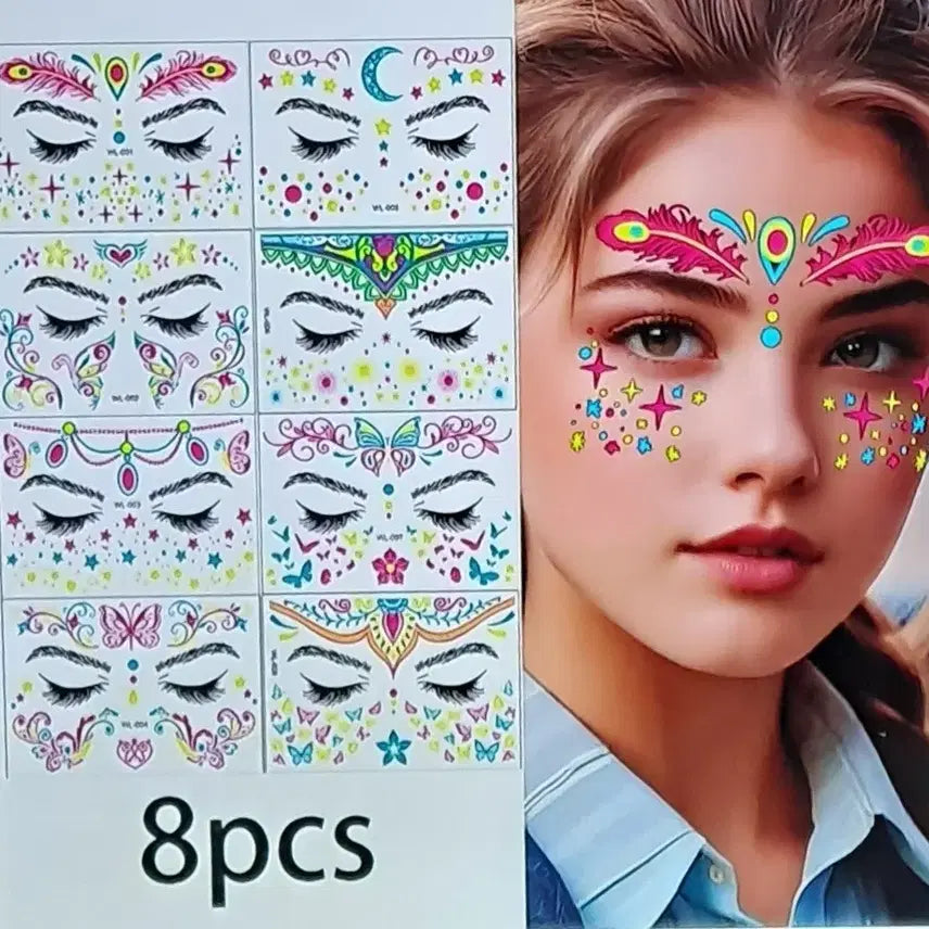 [BUNJANG] Fluorescent Face Tattoo Stickers (8-Pack) / 형광 얼굴 타투 스티커 8개입
