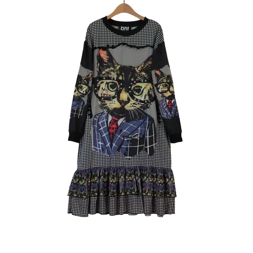 [BUNJANG] BNT Cat Print Long Dress / BNT 고양이 프린트 롱 원피스 프리 유니크 캐릭터 루즈핏