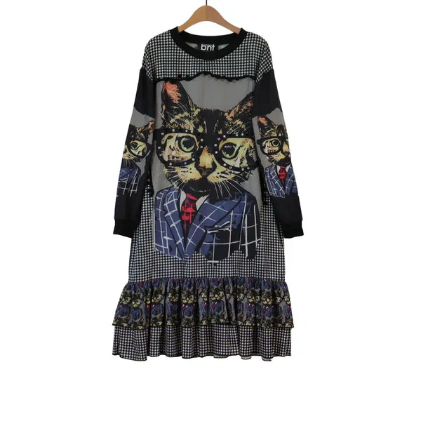 [BUNJANG] BNT Cat Print Long Dress / BNT 고양이 프린트 롱 원피스 프리 유니크 캐릭터 루즈핏