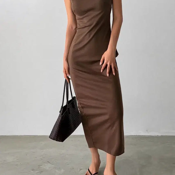 [BUNJANG] Sleeveless Slit Boatneck Maxi Dress / 나시 슬릿 보트넥 원피스