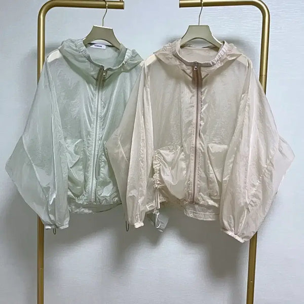 [BUNJANG] See-Through Shirring Hooded Zip-Up Jacket (Beige) / 시스루셔링바막후드집업(베이지)