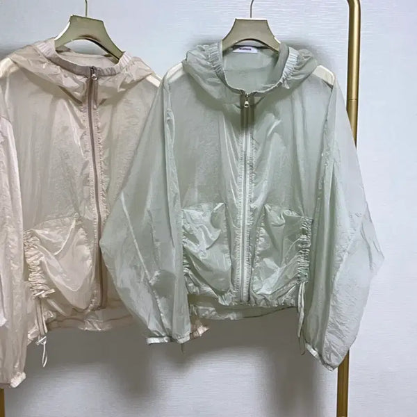 [BUNJANG] See-through Shirring Hooded Zip-up Jacket (Mint) / 시스루셔링바막후드집업(민트)