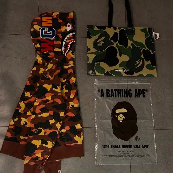 [BUNJANG] BAPE Orange Black Camo Shark Full Zip Hoodie / 베이프 오렌지블랙 카모 샤크 후드집업