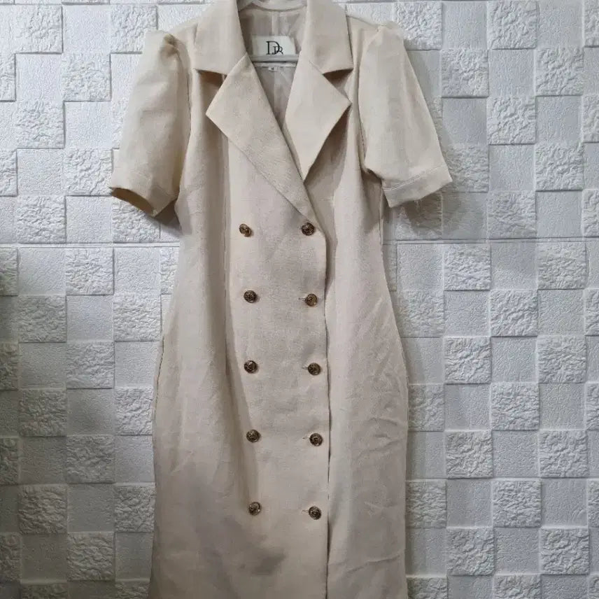 [BUNJANG] Double Button Puff Sleeve Jacket Dress - Beige (S) / 더블 버튼 퍼프 소매 자켓 원피스 베이지 S