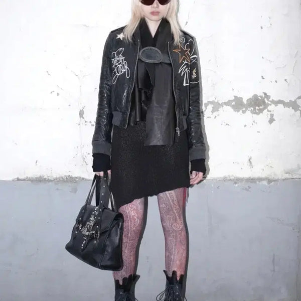[BUNJANG] Skoloct Painted Cropped Lambskin Leather Jacket / Skoloct  크롭 페인티드 귀요미 여성 양가죽자켓