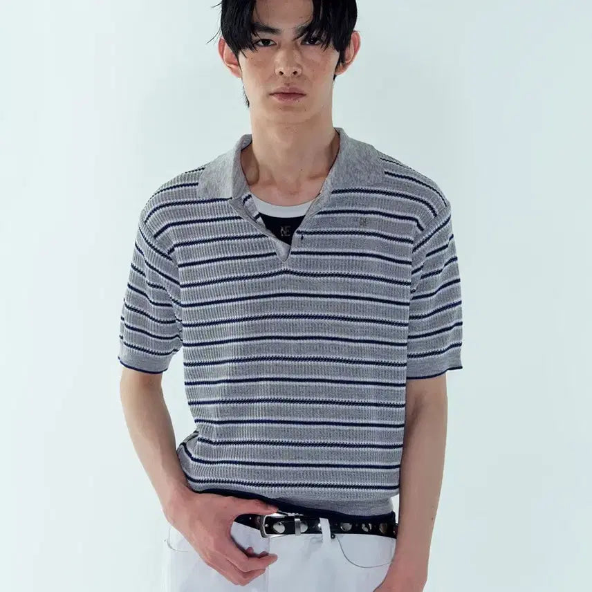 [BUNJANG] NOICE Lived Stripe Knit Polo Shirt (Size S) / 노이스 리브드 스트라이프 니트 폴로셔츠 s사이즈