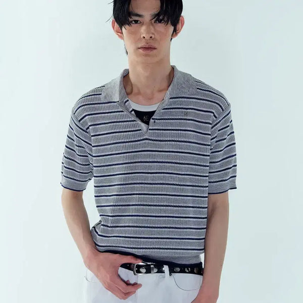 [BUNJANG] NOICE Lived Stripe Knit Polo Shirt (Size S) / 노이스 리브드 스트라이프 니트 폴로셔츠 s사이즈