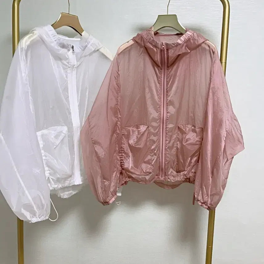 [BUNJANG] See-through Shirring Zip-up Hoodie (Light Pink) / 시스루셔링바막후드집업(인디핑크)
