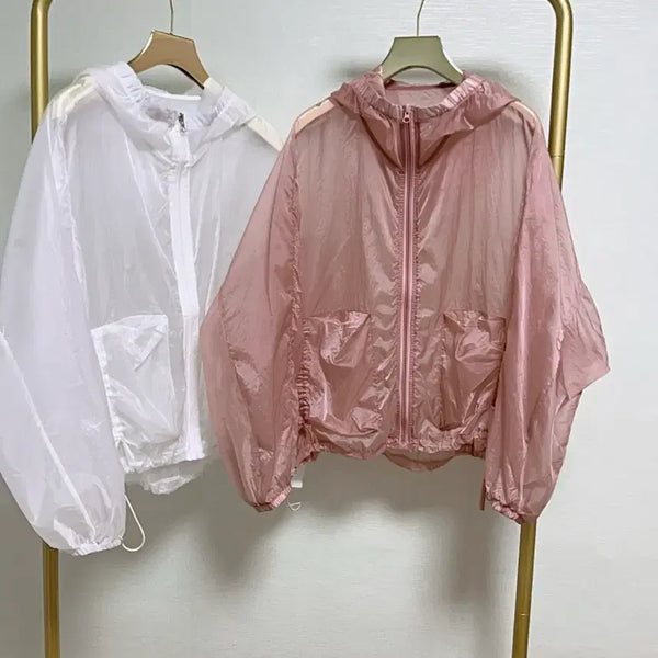[BUNJANG] See-through Shirring Zip-up Hoodie (Light Pink) / 시스루셔링바막후드집업(인디핑크)