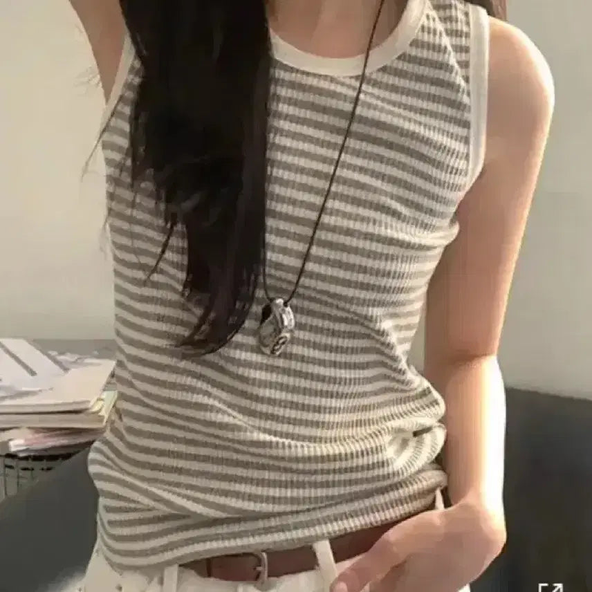 [BUNJANG] Stripe Sleeveless Top - Gray / 에이블리 스트라이프 민소매 그레이