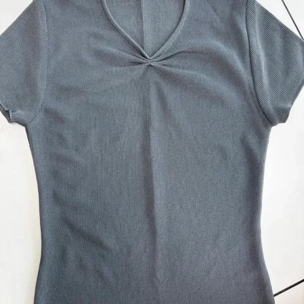 [BUNJANG] New York Company Grey Ribbed V-Neck T-Shirt XS / 뉴욕컴퍼니 그레이 골지 브이넥 반팔  XS