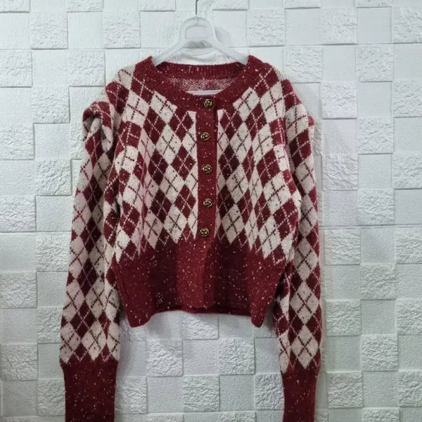 [BUNJANG] Argyle Pattern Cardigan - Wine / 아가일 패턴 가디건 와인색