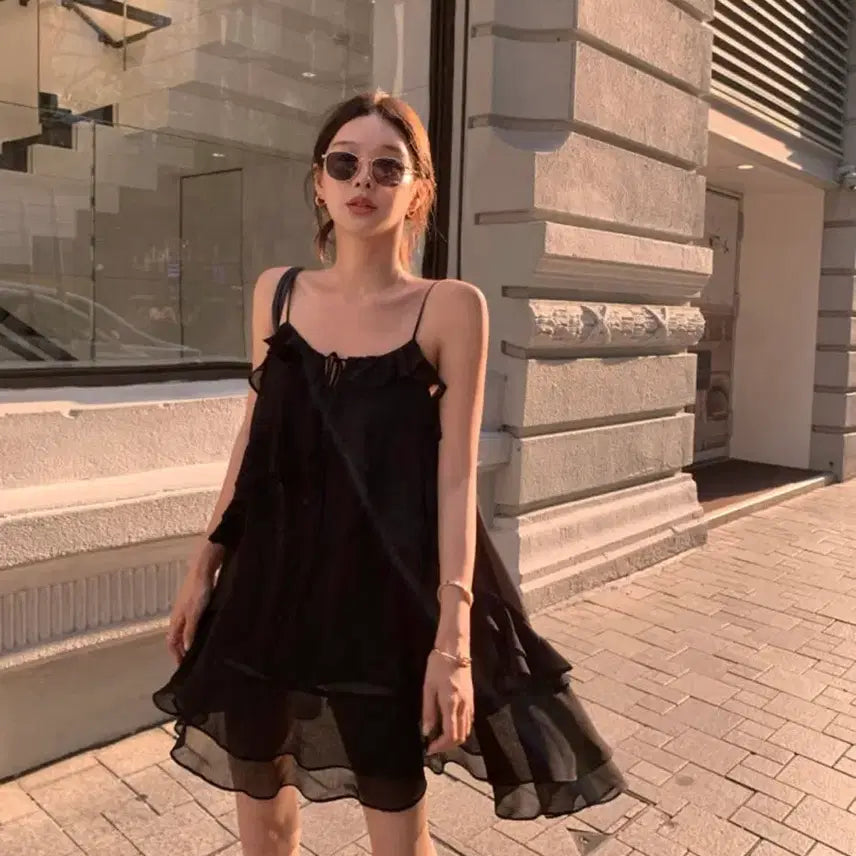 [BUNJANG] The Nuvve Black Frill Mini Dress Blouse / 더누베 새상품 블랙 프릴 미니 원피스 블라우스