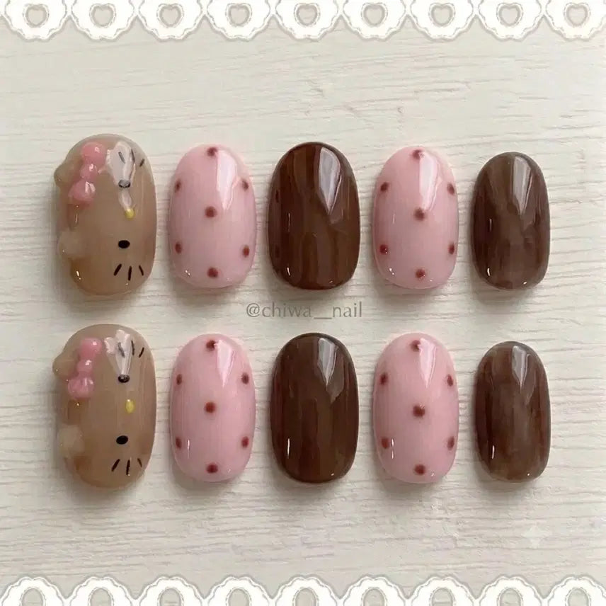 [BUNJANG] Custom "Tanning Kitty" Dot Handmade Nail Tips / 여름세일!!) 주문제작 태닝키티 도트 수제네일팁