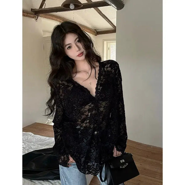 [BUNJANG] Black Lace See-through V-Neck Oversized Cardigan / [새상품/원가이하] 블랙 레이스 시스루 오버핏 브이넥 가디건