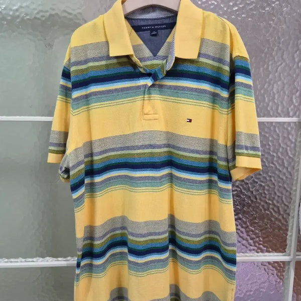 [BUNJANG] Tommy Hilfiger Striped Short-Sleeve Polo Shirt Yellow / 타미힐피거 스트라이프 반팔 카라티 옐로우