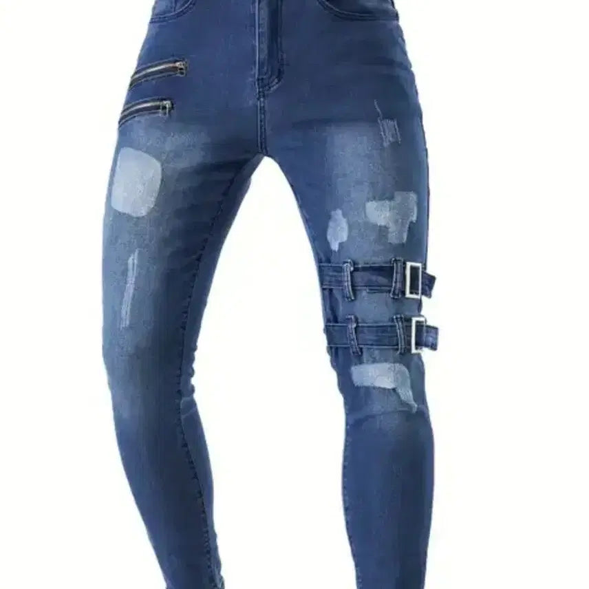 [BUNJANG] Men's Double Belted Zipper Detail Span Pants / 더블 벨티드 지퍼장식 스판 가벼운데님 팬츠 남성 34