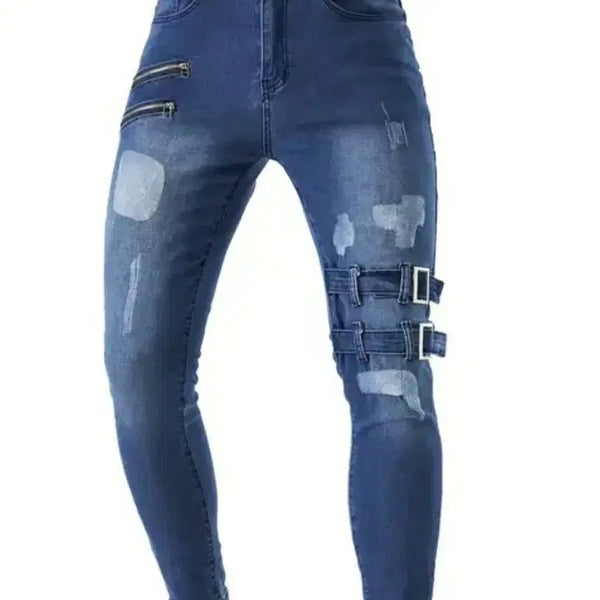[BUNJANG] Men's Double Belted Zipper Detail Span Pants / 더블 벨티드 지퍼장식 스판 가벼운데님 팬츠 남성 34
